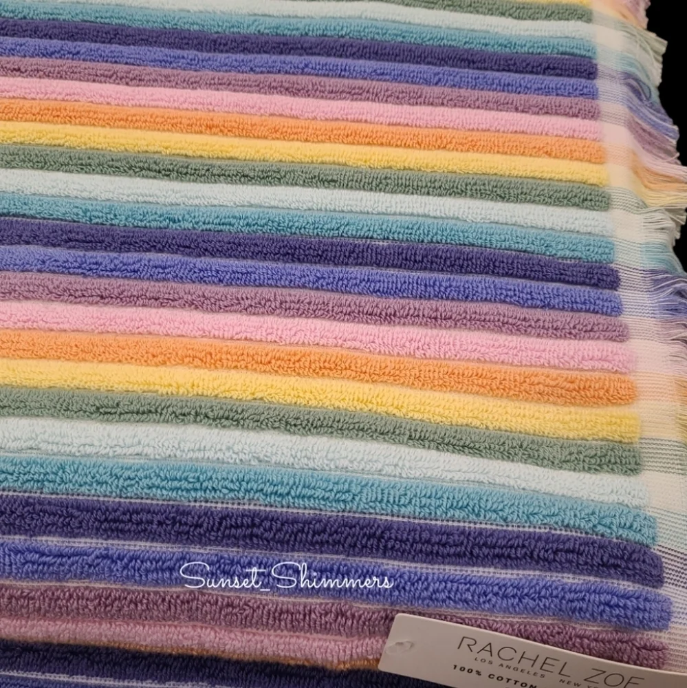 2 Piece Rachel Zoe Cotton Pastel Rainbow Striped Bath Towel Set New